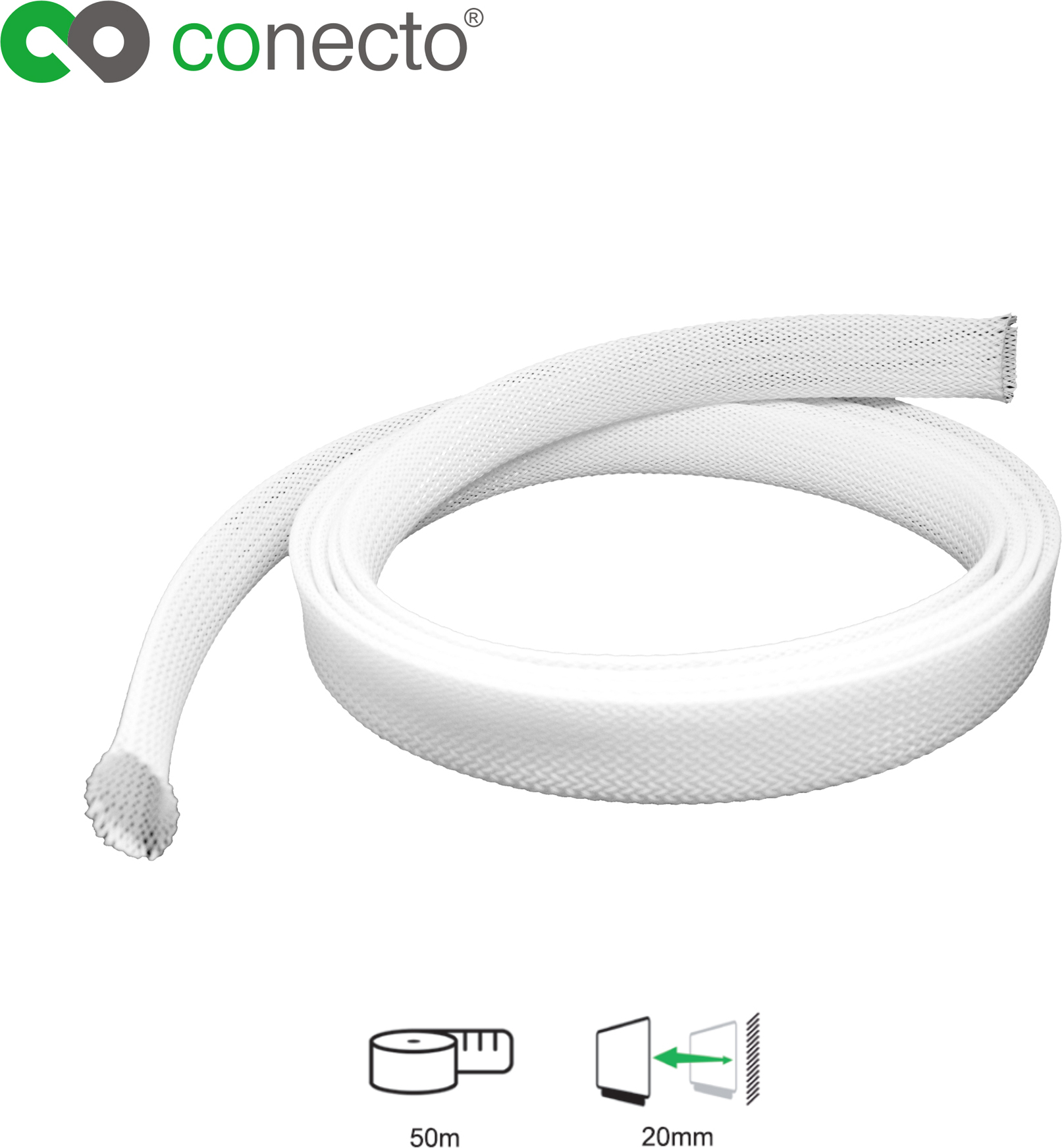 Satchef GmbH conecto CC50317 Universeller Polyester-Kabelschlauch, selbst zusammenziehend, Ø 20mm, Rolle 50m, weiß SA-CC50317