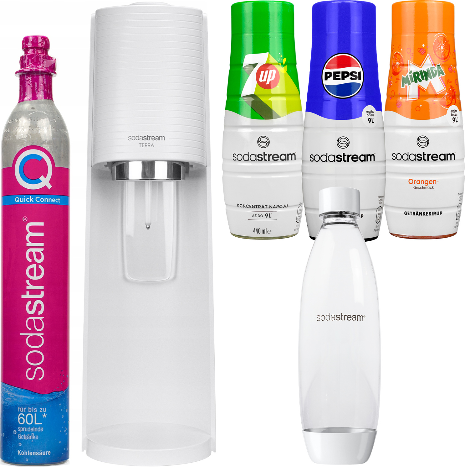 Výrobník sody SodaStream Terra White + jedna fľaša + 3x Sirup pre Sodastream Pepsi, Mirinda, 7UP