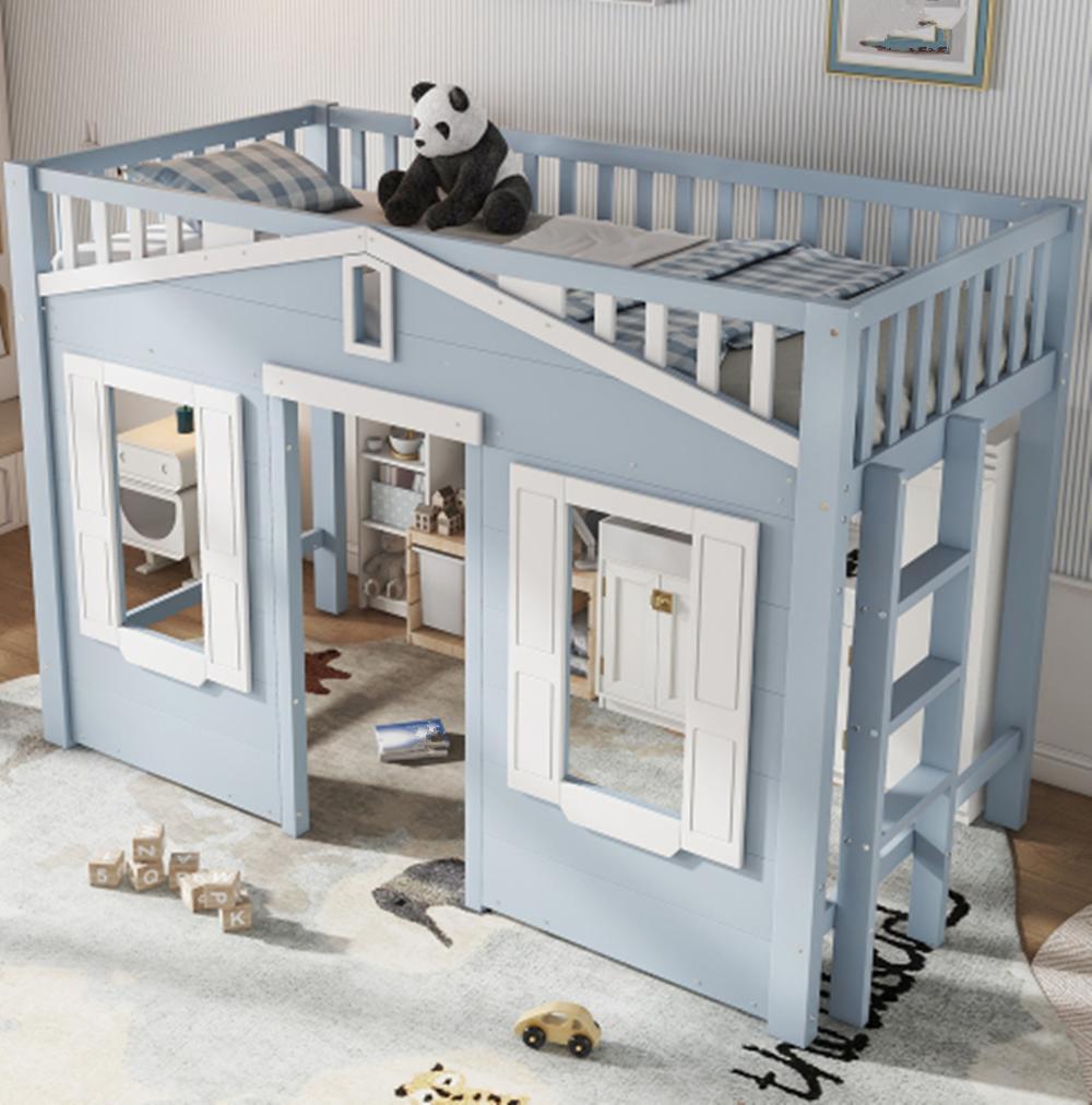 Hochbett, Kinderbett, Platz unter dem Bett für flexible Gestaltung, Schöne Fenstergestaltung,90x200cm