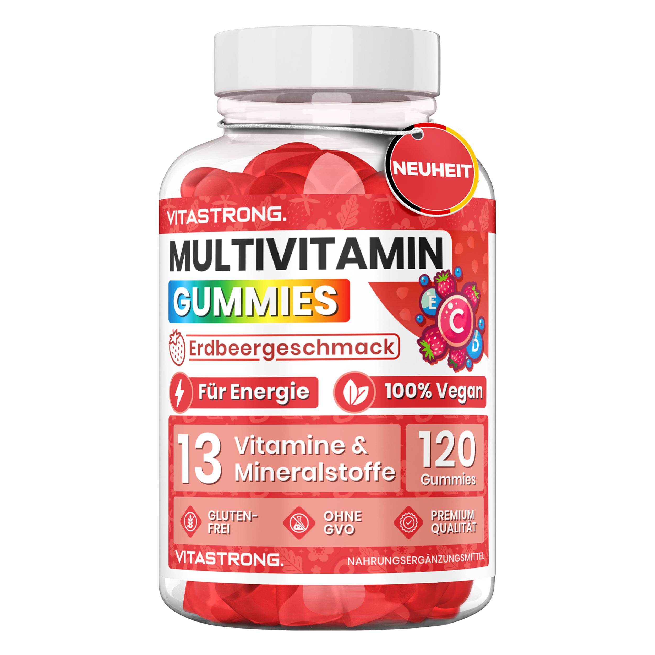 Multivitamin Gummies Vegan Vitastrong, 120 Gummis, 13 Vitamine & Mineralstoffe, Multivitamin Komplex für Erwachsene, Vitamin Gummies Ohne Saccharosezusatz, mit Mineralien wie Zink, Jod, Folsäure