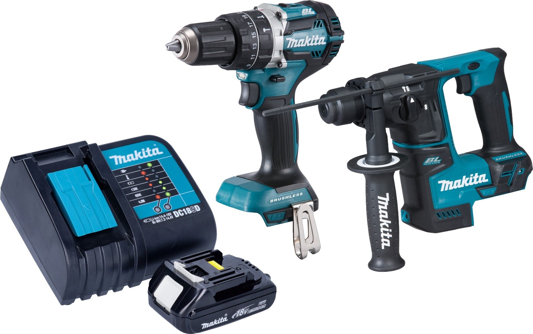 Akumulátorová kombinovaná súprava Makita DLX 2278 SY1 + príklepová vŕtačka DHP 484 54 Nm + vŕtacie kladivo DHR 171 1,2 J + 1x akumulátor 1,5 Ah + nabíjačka