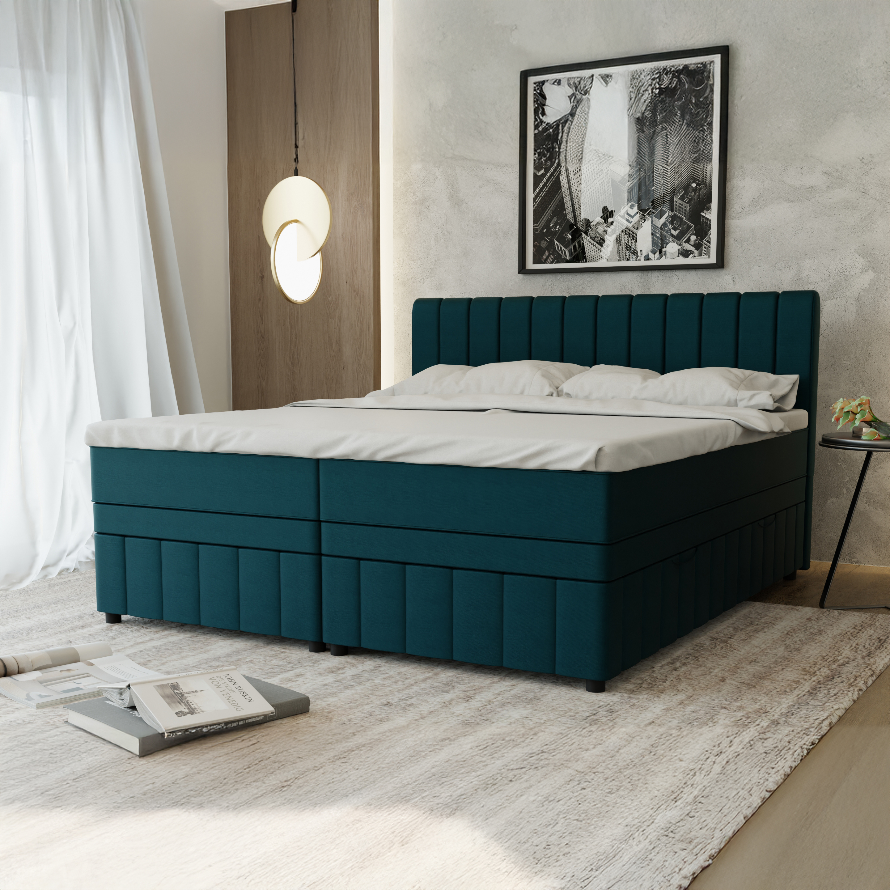 Boxspringbett Doppelbett 180x200, Dunkeltürkis, AVALON, mit Bettkästen, mit Matratze, mit Topper, Panda Möbel