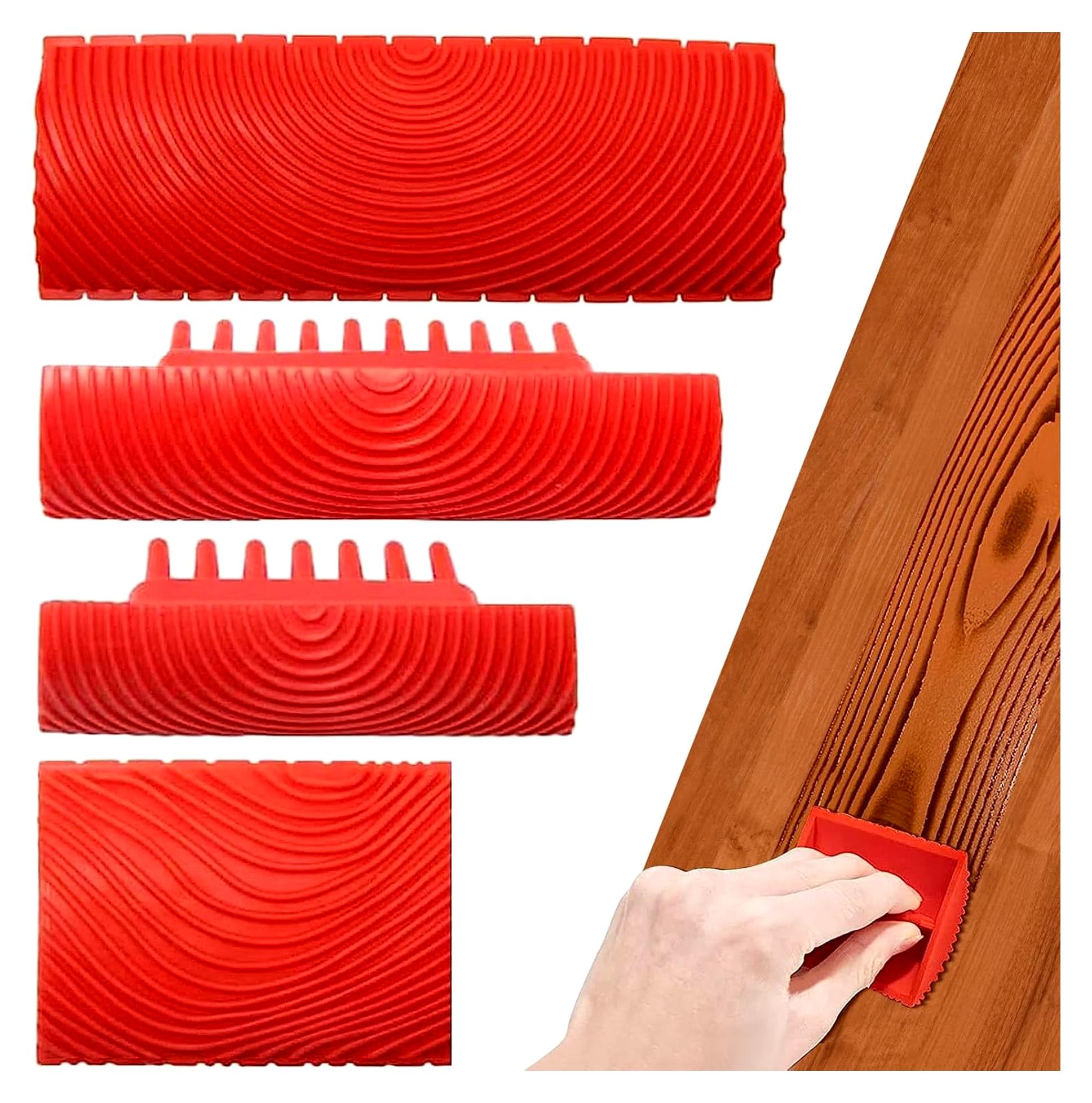 Markenlos 4 Stück Holzmaserungswerkzeug, Gummi Holzmaserungswerkzeug, Werkzeug zum Holzmaserung, DIY Wandfarbe Maserung Dekoration für Möbelmalerei und Wände