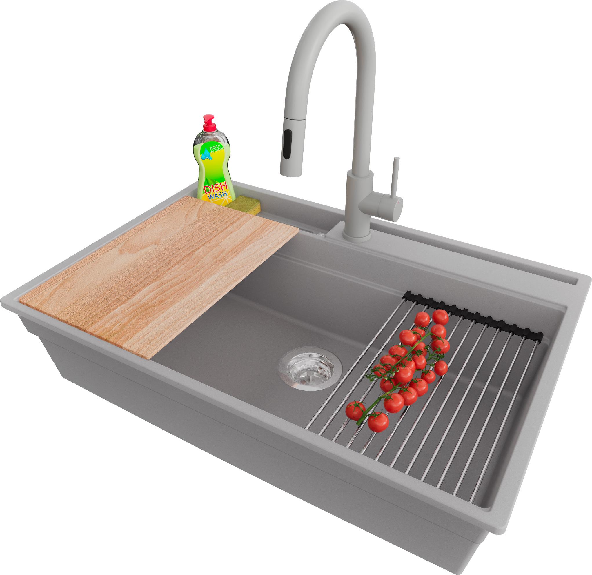 PRIMAGRAN Granitspüle Grau 78x53cm, Spülbecken 1 Becken + Küchenarmatur 40x20cm + Ablauf-Set + Küchenzubehörset, Küchenspüle ab 80er Unterschrank - Oslo Pocket