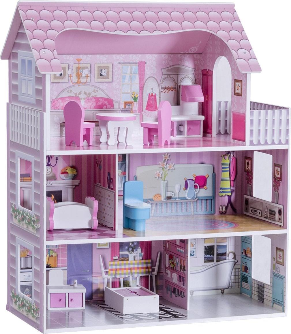Northio 3 Etagen Puppenhaus aus Holz Puppenstube mit Möbeln & Zubehör Puppenvilla Mädchen Rosa