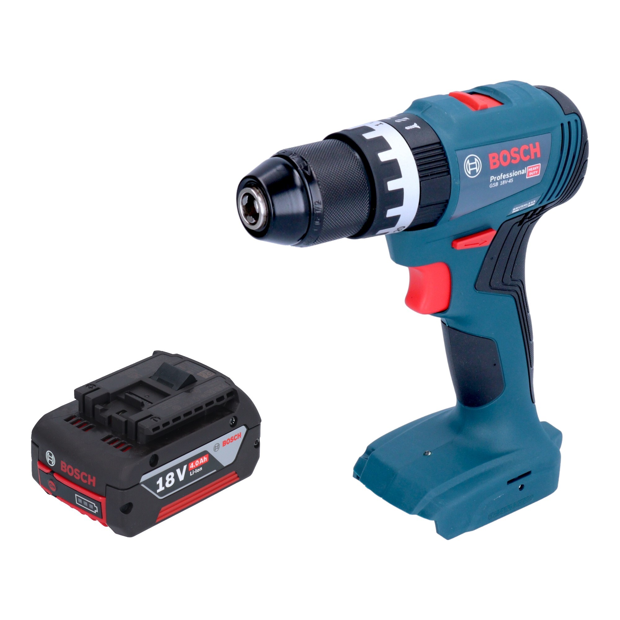 Bosch GSB 18V-45 Profesionálna akumulátorová príklepová vŕtačka 18 V 45 Nm bez kefiek + 1x akumulátor 4,0 Ah - bez nabíjačky