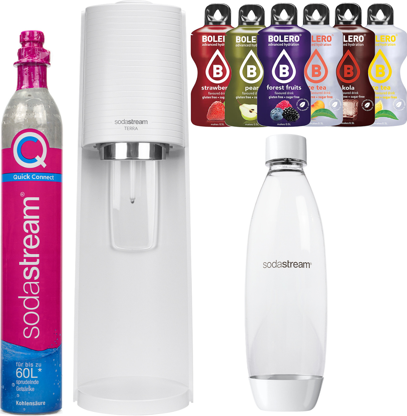 Výrobník perlivej vody SodaStream Terra White + jedna biela fľaša + Bolero