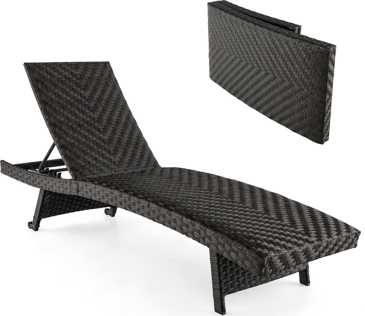 COSTWAY Skladacie lehátko, záhradné lehátko s nastaviteľným operadlom a zadnými kolieskami, polyratanové lehátko