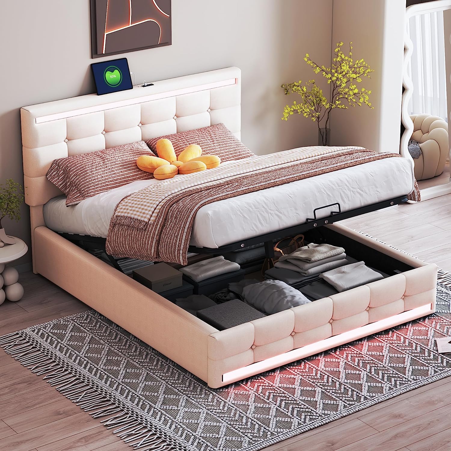 Fortuna-Lai Čalúnená posteľ 140x200 cm, Čalúnená manželská posteľ s LED rámom s veľkým úložným priestorom a 2 nabíjacími stanicami USB, výškovo nastaviteľné čelo, veľká posteľ s úložnou plošinou z ľanovej tkaniny (béžová)