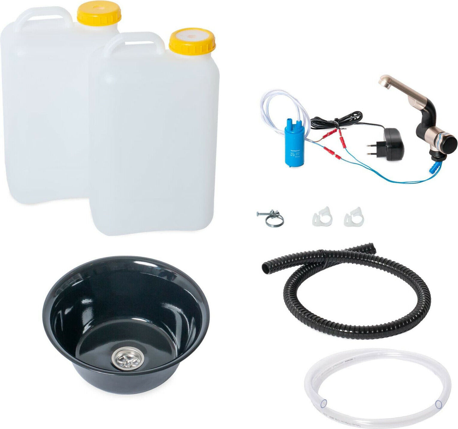 Ad Ideen 230V Technik Paket Niro Spüle Waschbecken 24cm schwarz Bulli 19L Wetihalskaniste