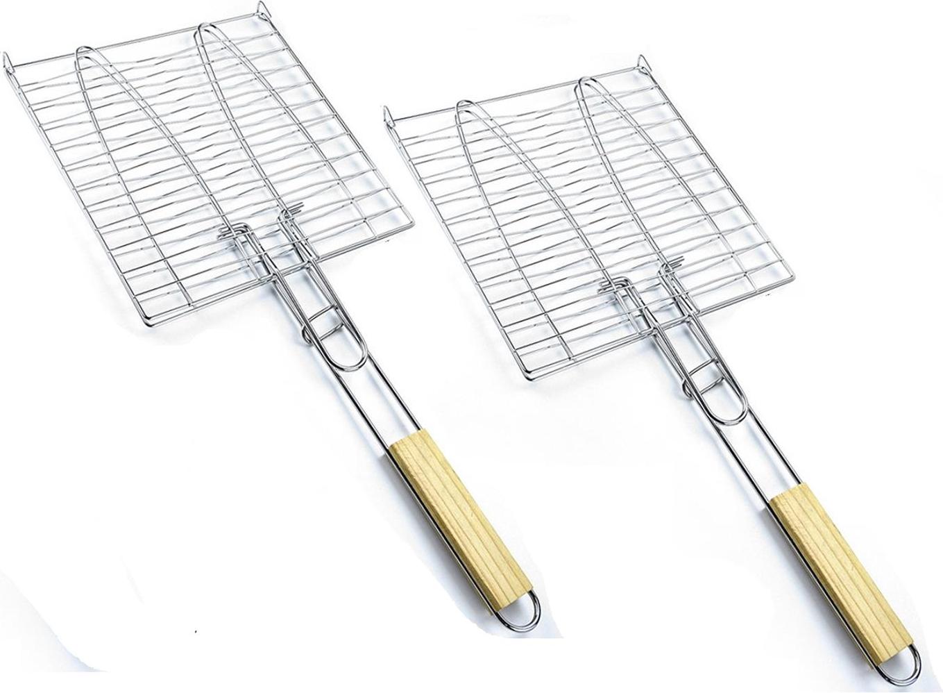 BAYLI 2er Set Fischbräter | 23,5 x 23,5cm Fischgriller für Grill mit Holzgriff | Fischkorb für 2 Fische | Fischhalter mit Klammer | Fisch-Grillzange für Gemüse, Garnelen | faltbare Fischzange | Grillzubehör 2er Set - Fischkorb für 2 Fische