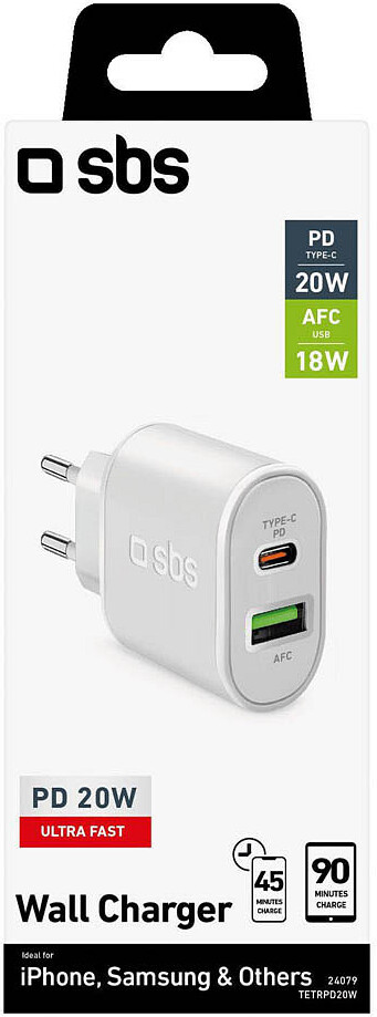 Cestovná nabíjačka SBS 1x USB typu C+ 1 AFC 20W