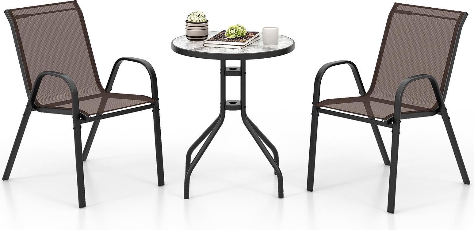 COSTWAY 3-dielna súprava balkónového nábytku, bistro stôl s 2 stohovateľnými stoličkami, bistro súprava, záhradná súprava, záhradný set, záhradný nábytok, sedacia súprava, sedacia súprava hnedá
