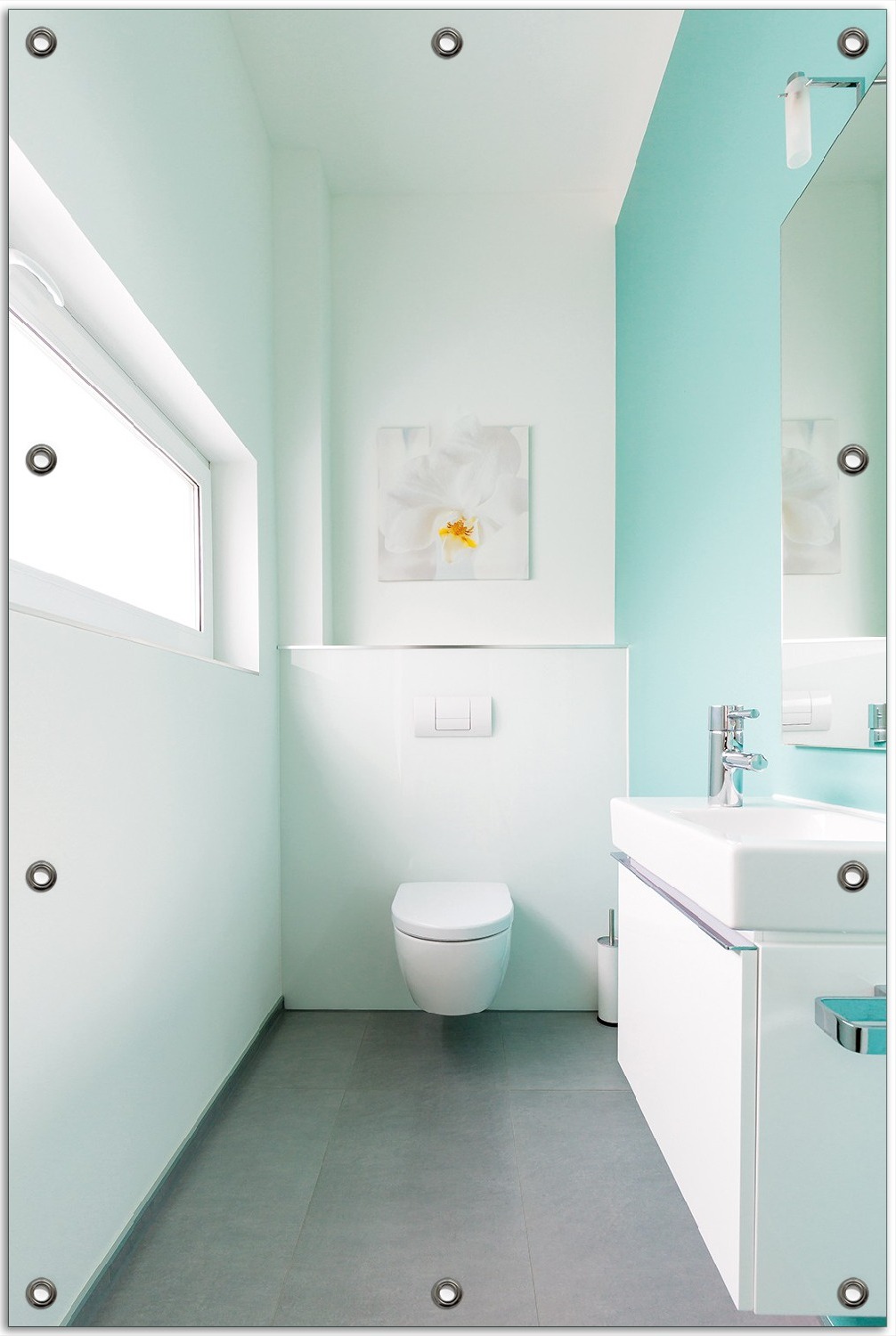 Wallario Outdoor-Poster für Garten oder Balkon, Motiv Badezimmer Gästetoilette Innenansicht - WC und Waschbecken, in ca. 80 x 120 cm goban5215-80120