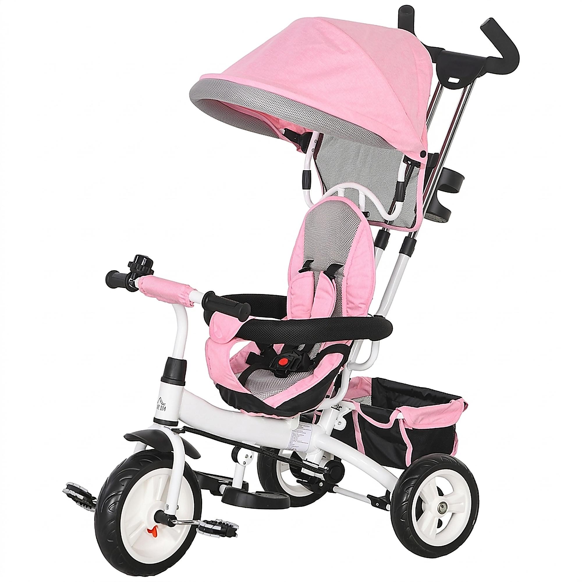 SUGIFT 6-in-1 Kinderdreirad mit Schubstange – Dach Gurt Korb Dreirad Rosa