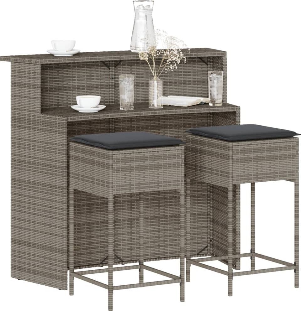 3-dielny záhradný barový set s vankúšmi sivý polyratan