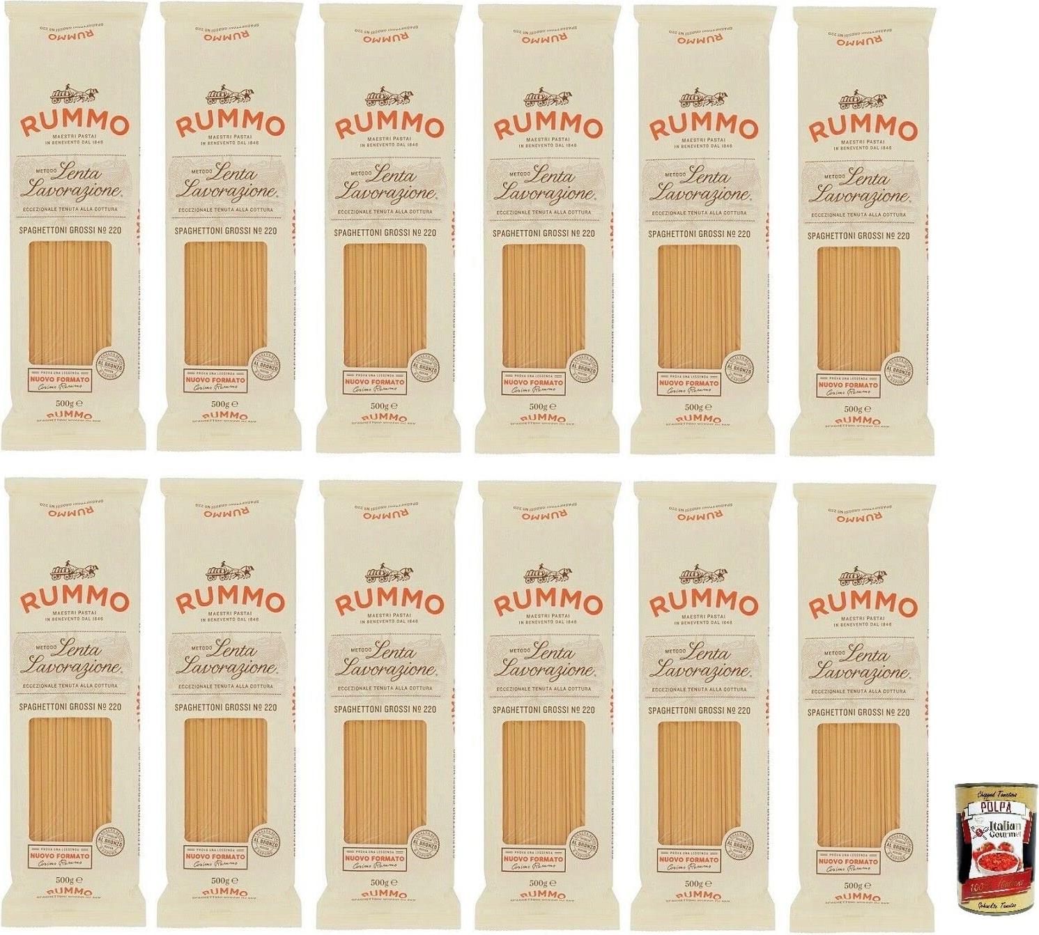 12x Rummo Spaghettoni Grossi N°220 Pasta Lenta Lavorazione Teigwaren aus Hartweizengrieß Bronze-Zeichnung 500g + Italian Gourmet Polpa di Pomodoro 400g Dose CE-X3LQ-B4RE