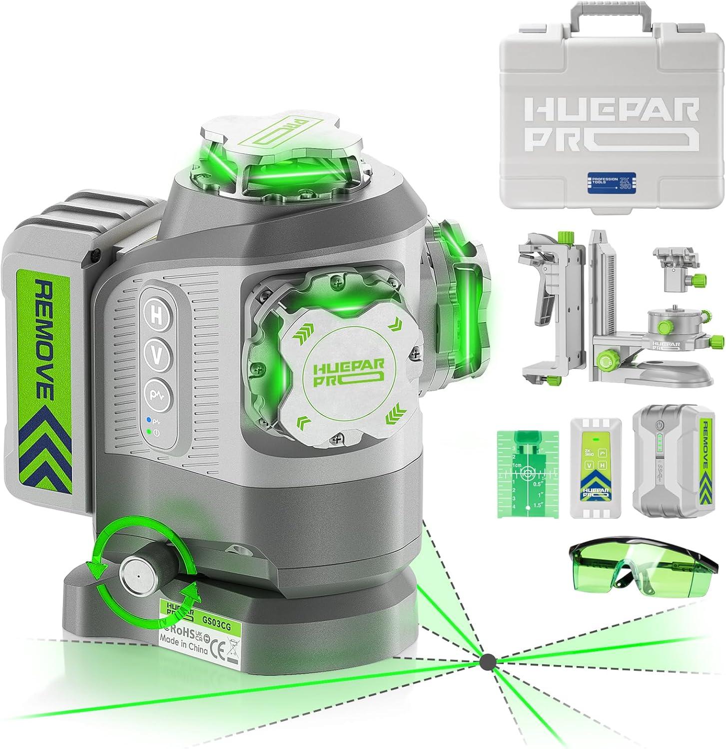 Huepar Pro GS03CG 360 Grad Kreuzlinienlaser Grün, 8000mAh Akku, Mikroeinstellung