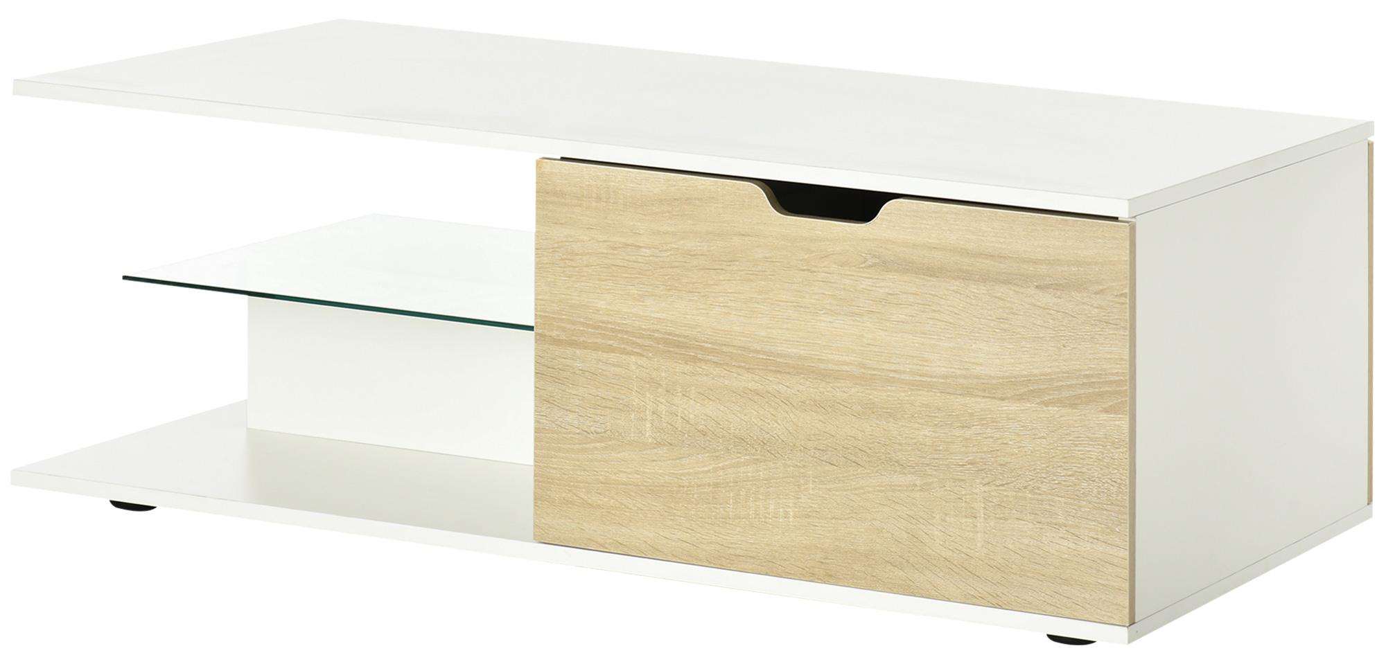 Patootie Fruitie Moderner rechteckiger Couchtisch mit 2 Schubladen, 2 Ablagef?chern, Ablagefl?che aus geh?rtetem Glas und wei?en Paneelen in heller Eichenoptik.