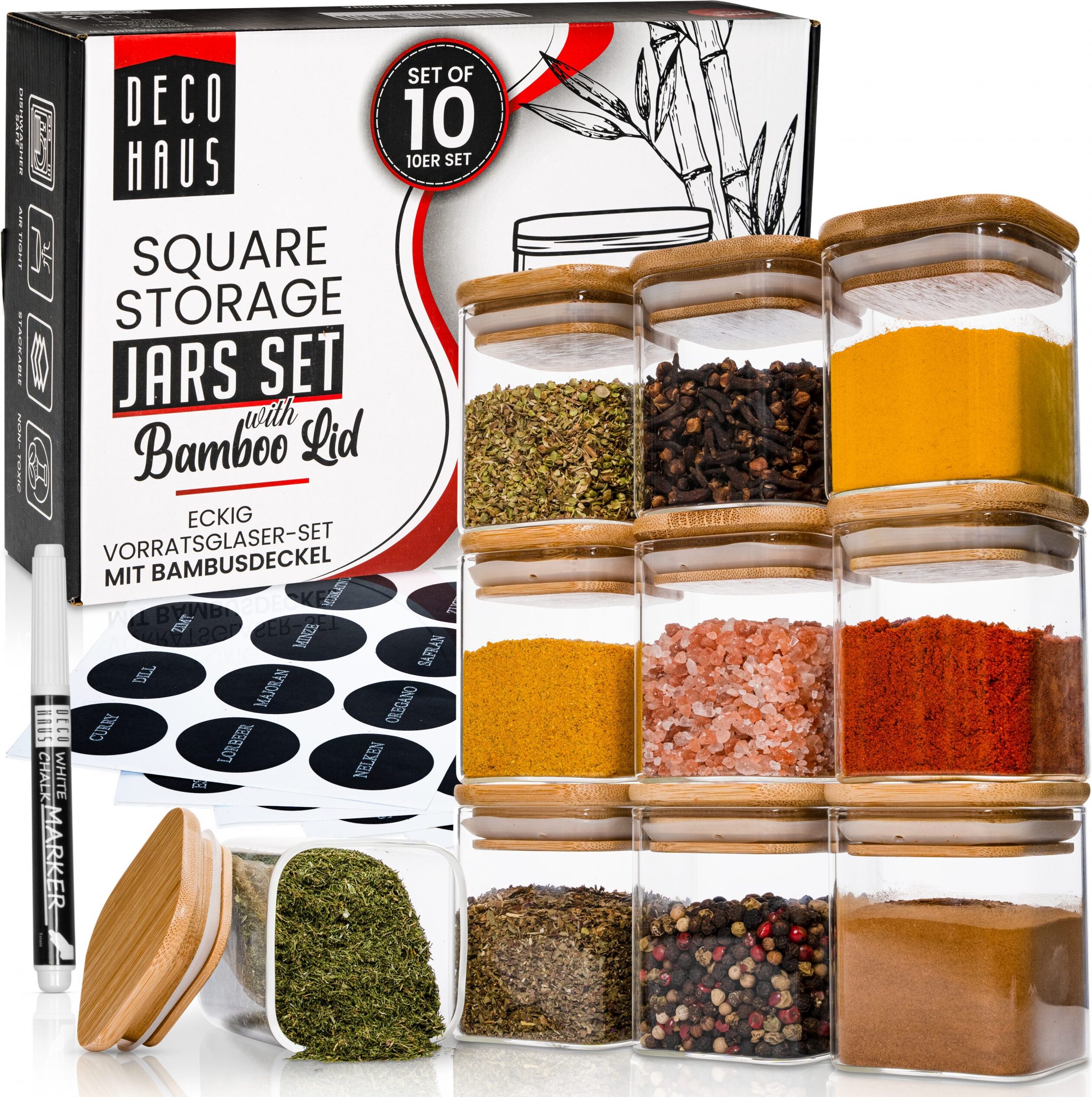 Mormark Deco haus Gewürzgläser Eckig mit Gewürzetiketten 10er Set - Gewürzdosen Set mit Holzdeckel Vorratsgläser Set für Deine Gewürze Aufbewahrung Gewürzbehälter behälter für gewürze - Spice jars