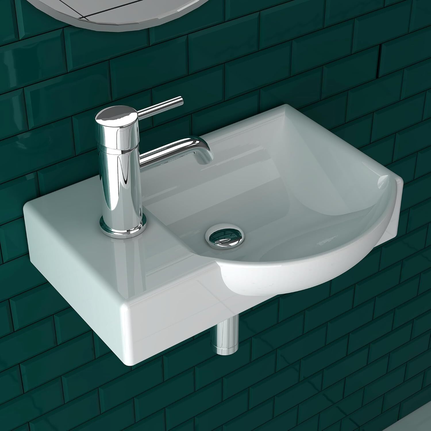 Alpenberger Waschbecken 45 cm Breit mit Überlauf | Handwaschbecken Rechts | Keramik Gästewaschbecken | Badezimmer & Gäste-WC | Hängewaschbecken & Einbauwaschbecken