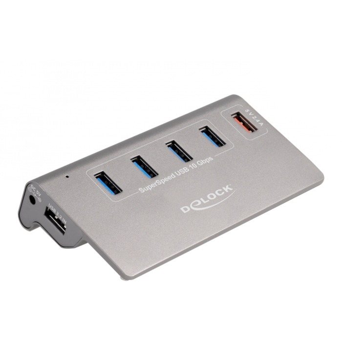 Delock - Rozbočovač - 10 Gb/s, + 1 rýchly nabíjací port vrátane napájacieho zdroja - 4 x USB 3.2 Gen 2 - stolný (64182)
