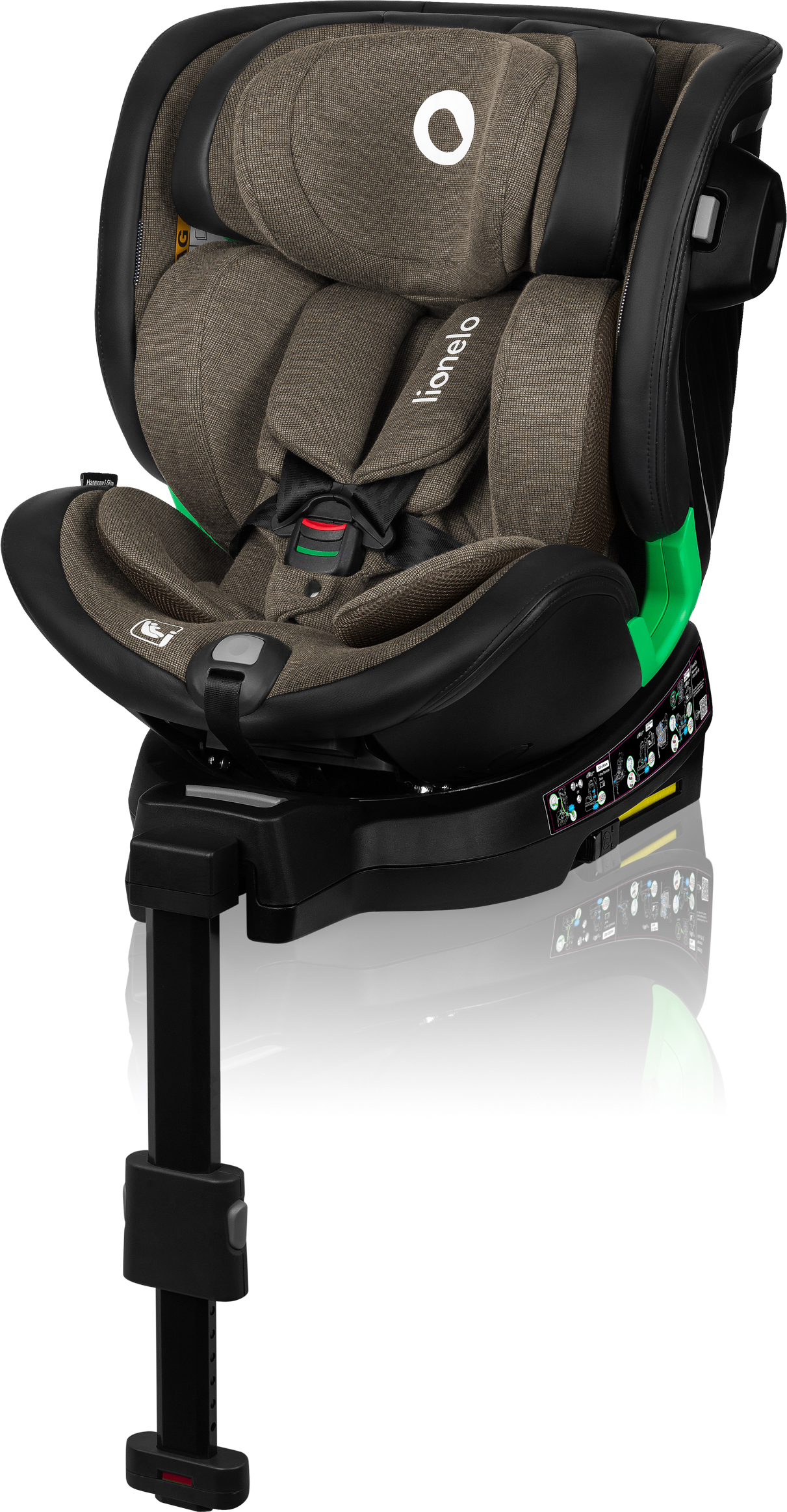 Detská autosedačka Lionelo Harmony i-Size, 360° základňa EasyTurn, ISOFIX a opora nohy, BuckleAlarm, ochrana proti bočnému nárazu, nastaviteľná opierka hlavy a chrbta - zelená