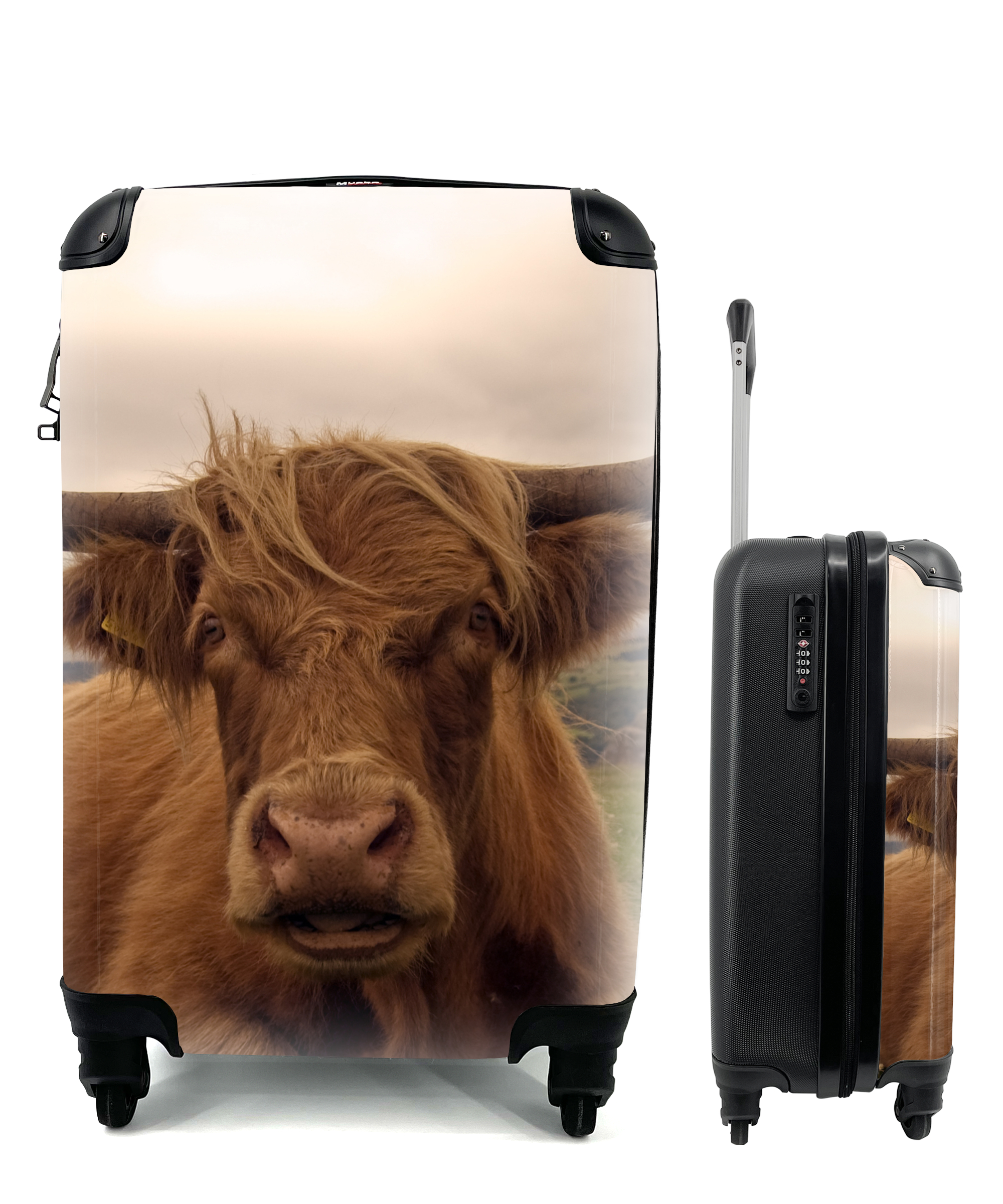 MuchoWow® Koffer Handgepäck Trolley Rollkoffer Kleine Reisekoffer mit 4 Rollen - Schottischer Highlander - Tiere - Berg - Cabin Size < 55x40x23 cm & 55x40x20 cm - Fotokoffer - Kabinenkoffer - Boardgepäck - Reise-Box - Reisekoffer - Reisegepäck - Koffer mit Bild - Trolley für Kinder 68|298988001