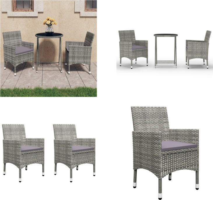 vidaXL 3 tlg. Bistro Set Poly Rattan und Hartglas Grau - Bistroset - Bistrosets - Bistro-Set - Bistro-Sets HL3058379