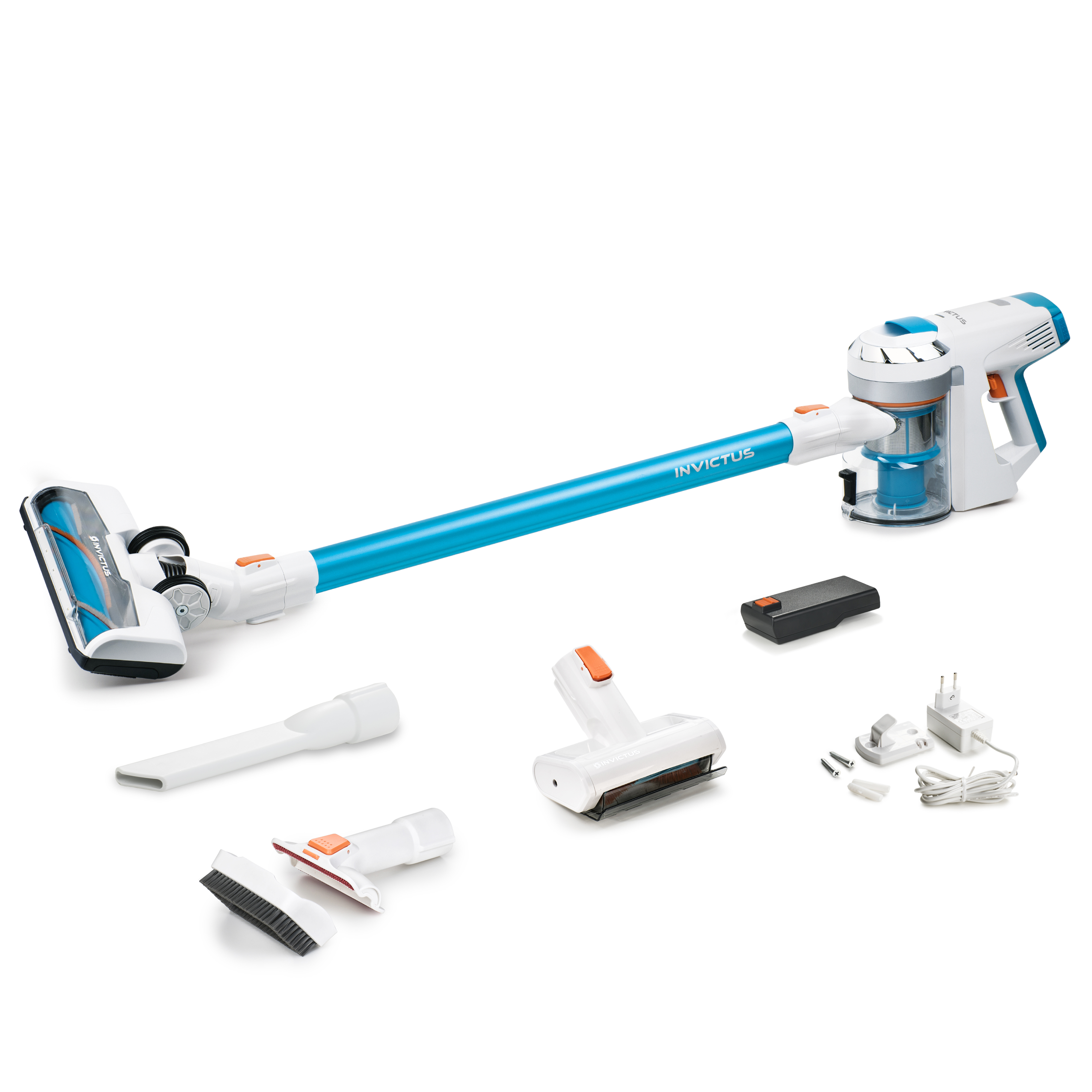 Genius Invictus X7 akumulátorový vysávač vrátane mini elektrickej kefky (14 dielov) Bezvreckový/akumulátorový vysávač 2v1, 380 W, integrované bodové osvetlenie LED