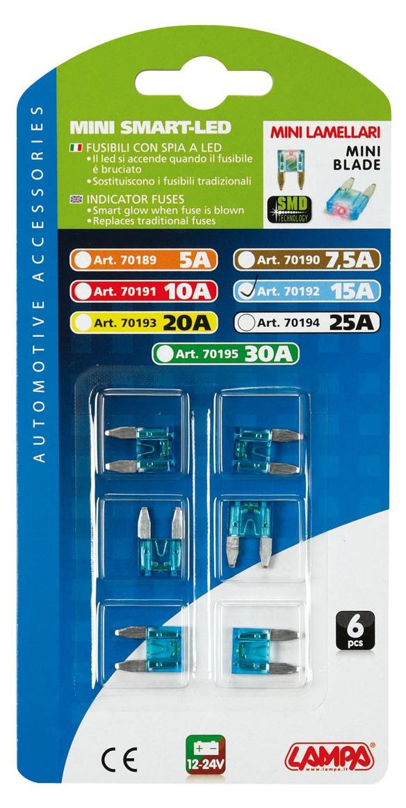 LAMPA Smart Led, Set 6 Mikro-Lamellensicherungen mit LED-Kontrollleuchte, 12/32V - Ausführung: 15A 70192