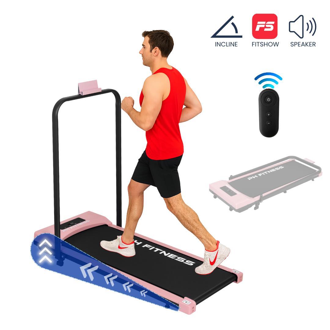 PH Fitness bežecký pás A1F skladací - WalkingPad pre domácnosť - 1,5 hp motor, 1-8 km/h, 120 kg - Bluetooth, diaľkové ovládanie, LCD displej, kompaktný - ružový