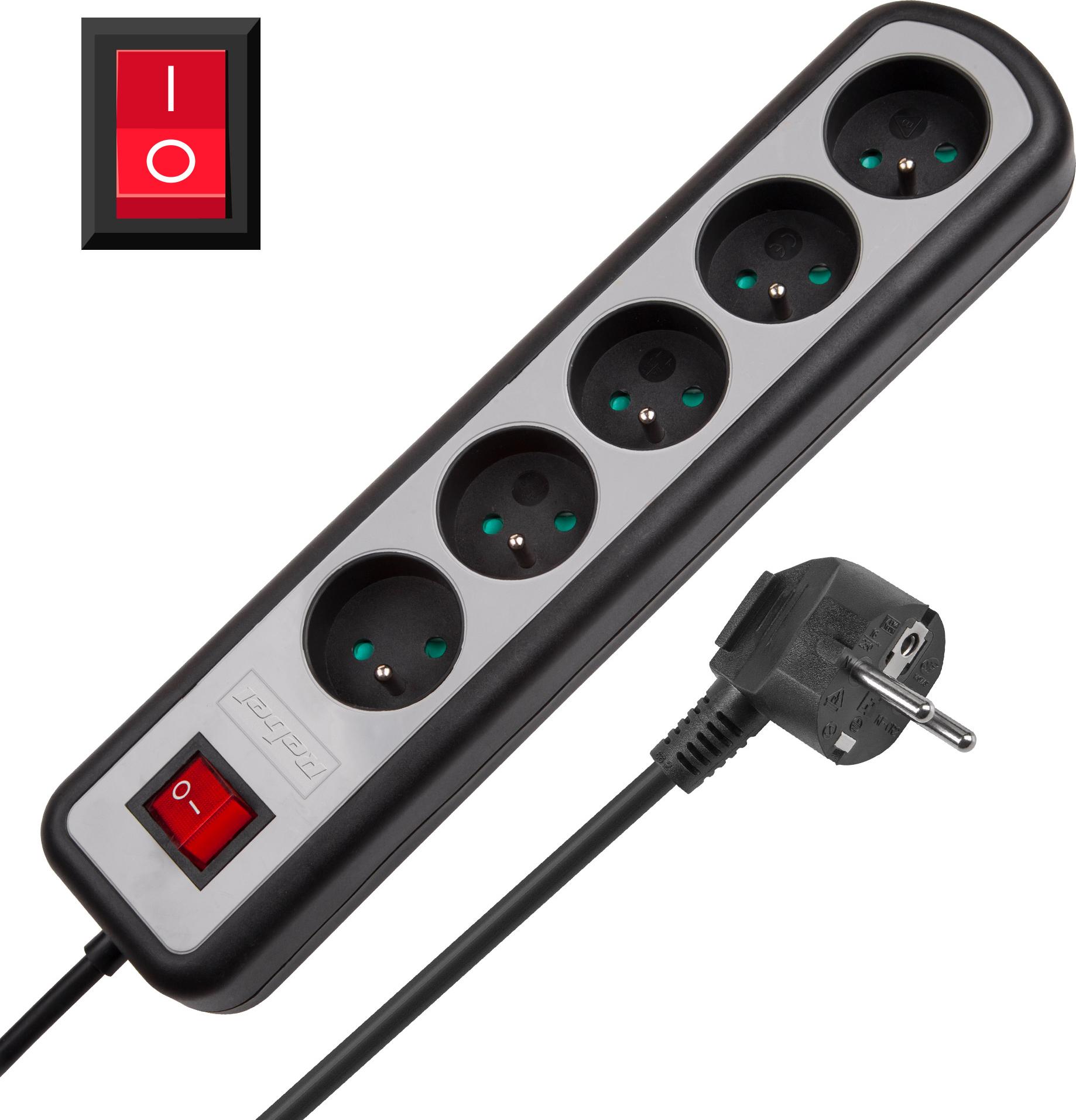 Rebel Mehrfachsteckdose 1,5m, 5 Steckdosen, Kindersicherung, 2300W, Schalter URZ3062-1,5W-2