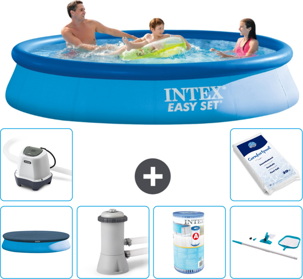 Intex okrúhly nafukovací bazén Easy-Set - 366 x 76 cm - modrý - vrátane krytu - filtračné čerpadlo pre bazén - filter - čistiaca súprava - systém slanej vody - bazénová soľ