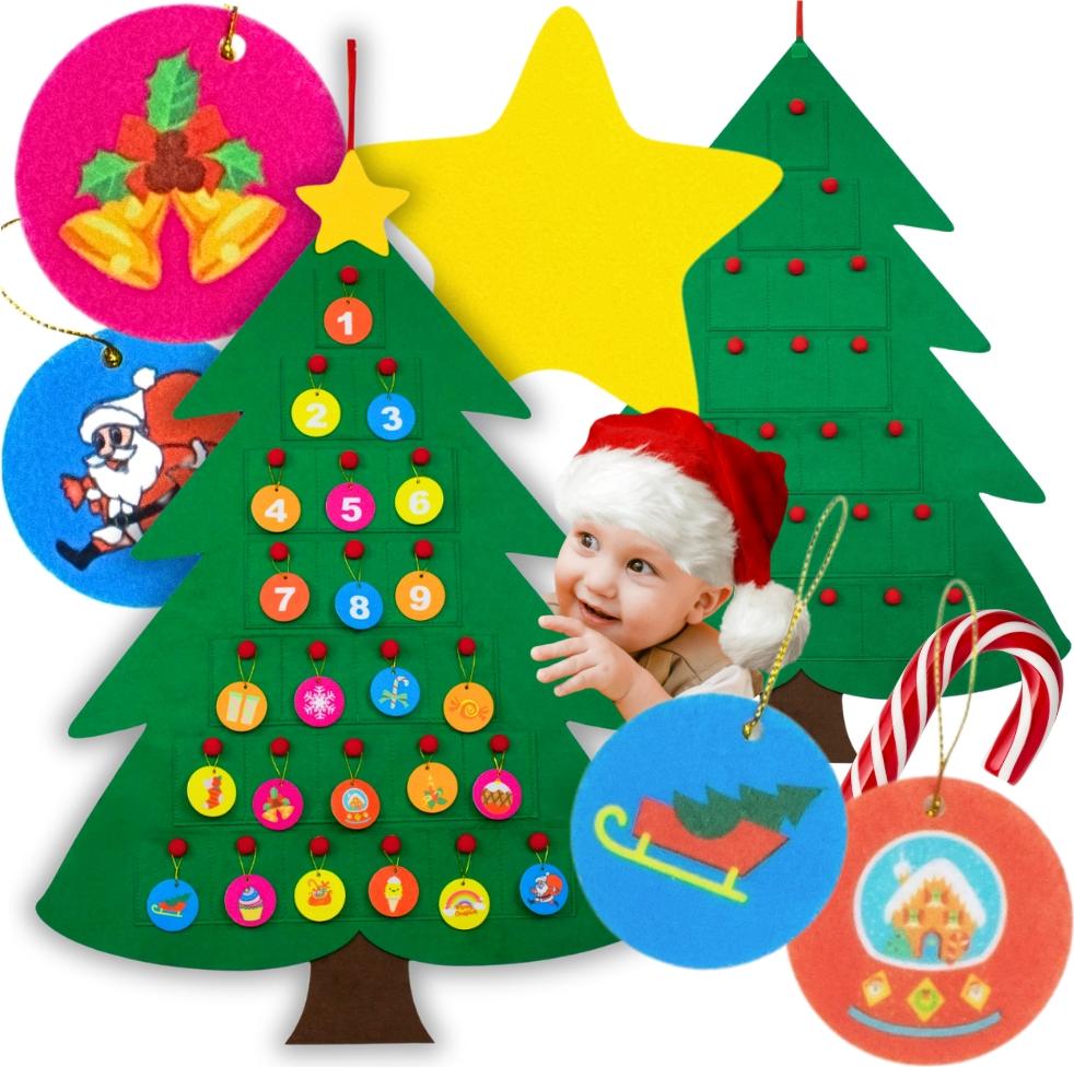 Adventný kalendár Vianočný stromček z plsti s darčekovými vrecúškami 90 cm + DIY dekorácie
