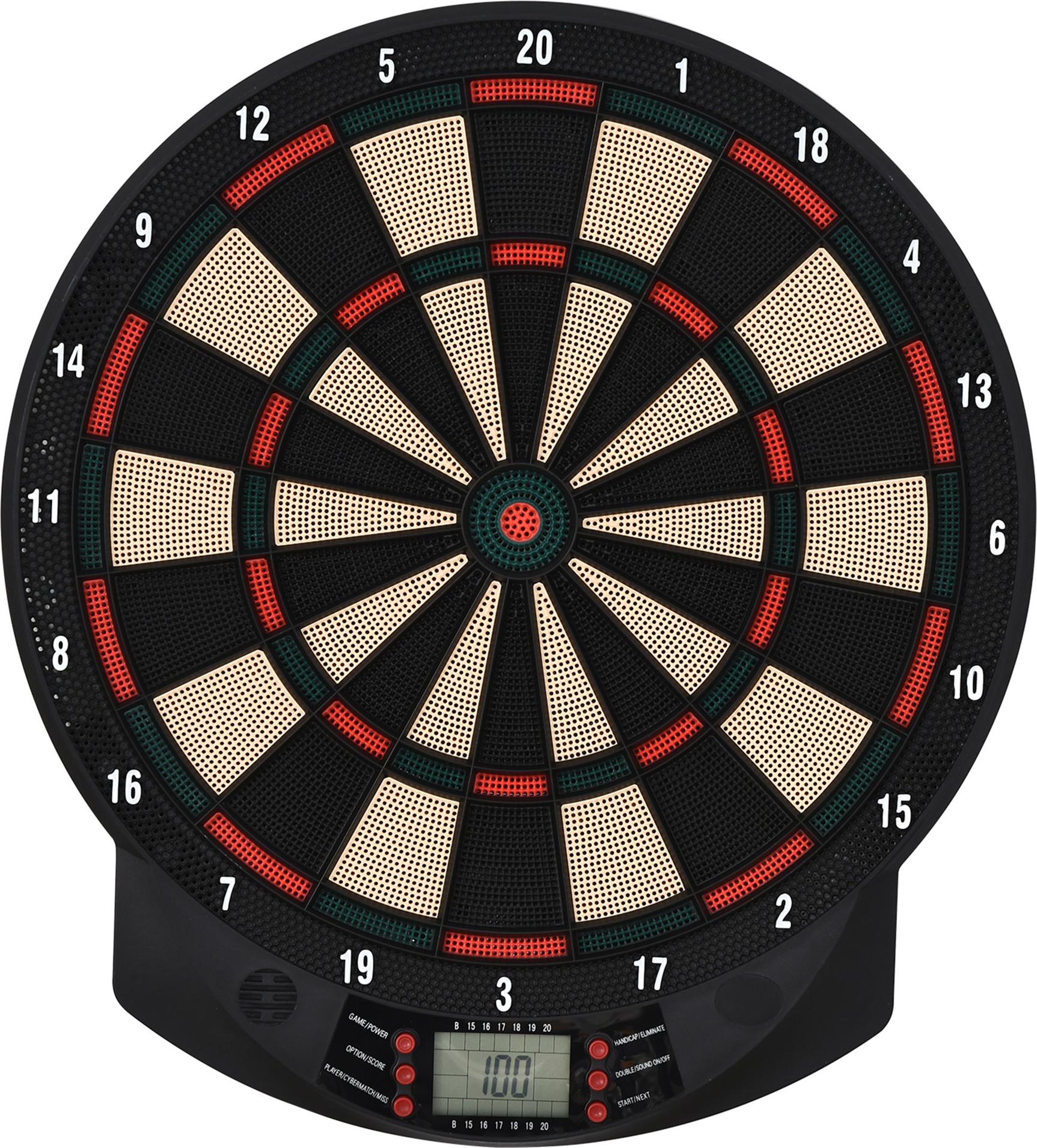MEIYOU Elektronische Dartscheibe – Automatische Wertung, inkl. 6 Darts, 30 Dartköpfe, 26 Spiele, 185 Trefferoptionen, für bis zu 8 Spieler, mit Soundeffekten, Farbe: Schwarz, Maße: 44 × 39,5 × 2,2 cm. KAUF-VIST-A70-043-029