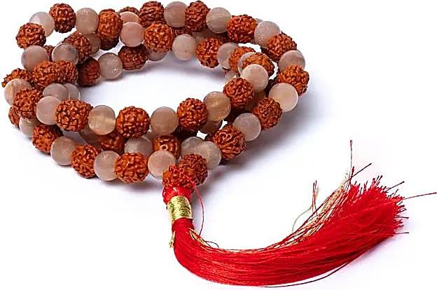 Bahadra Mala Pfirsich-Mondstein/ Rudraksha AA Qualität im Beutel -- 0,6 cm