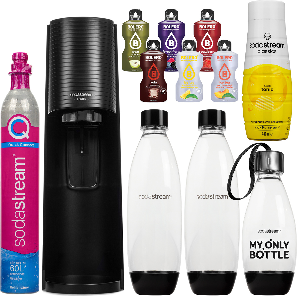 Výrobník perlivej vody SodaStream Terra Black + 3 fľaše, Black + tonic sirup 440ml + Bolero