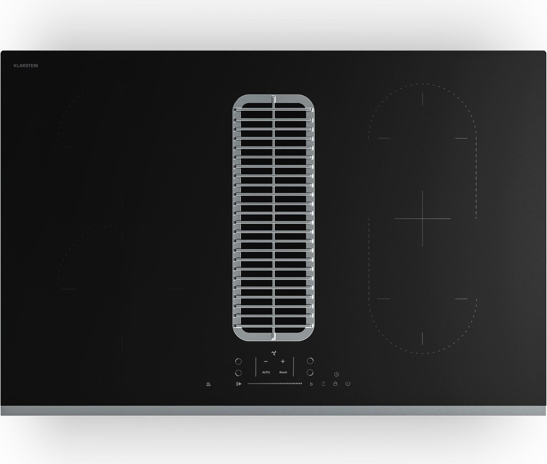 Klarstein Verosteel indukčná varná doska s digestorom - 80 cm, 4 zóny, 7400 W, dotykový posuvník, časovač, detská poistka, indikátor zvyškového tepla, integrovaný digestor, sklo-nehrdzavejúca oceľ