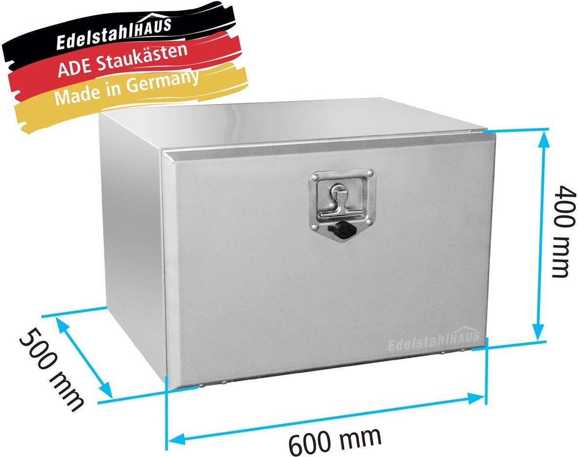 Edelstahlhaus ADE Werkzeugkasten Edelstahl 600 x 400 x 500, Staukasten, Staubox, Unterflurbox + 2 x Edelstahlkette beidseitig 90°