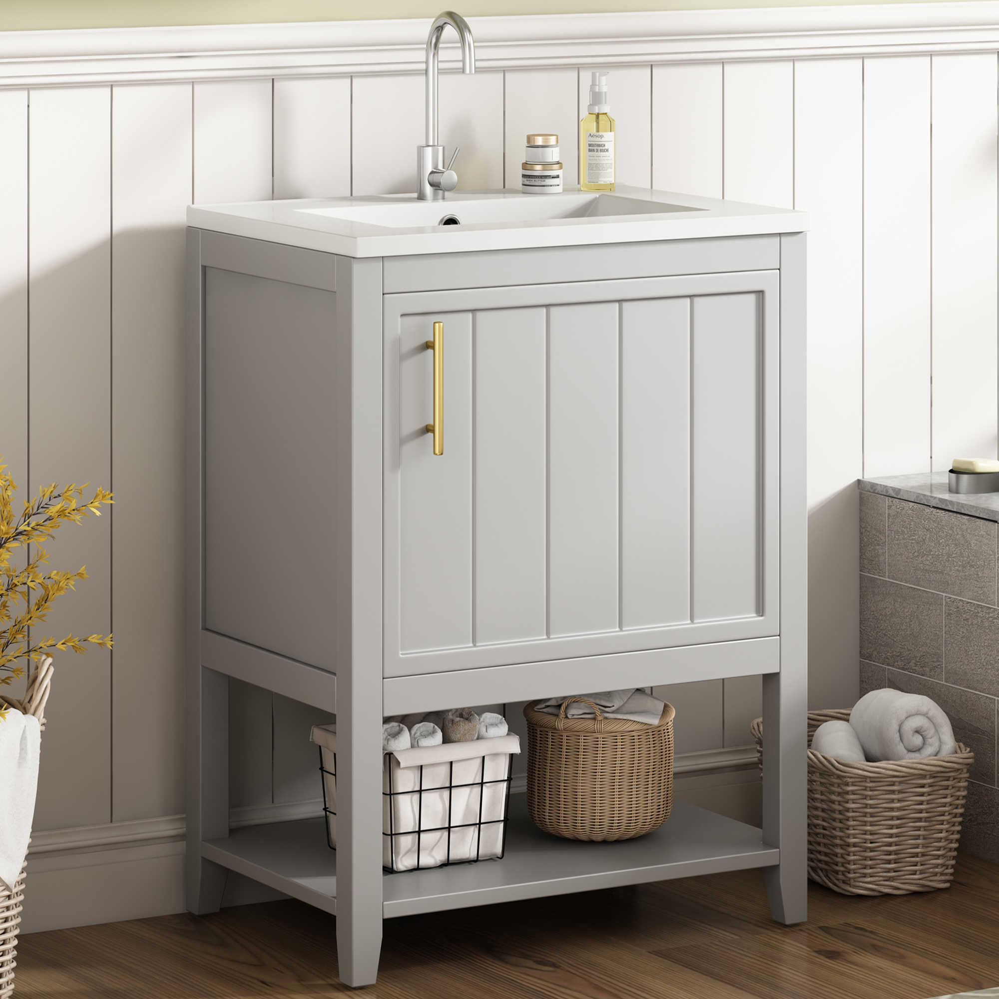 MODFU Badmöbel Einzelwaschtisch,Waschtischunterschrank 60 cm mit Keramikwaschbecken,mit Ablage,Grau