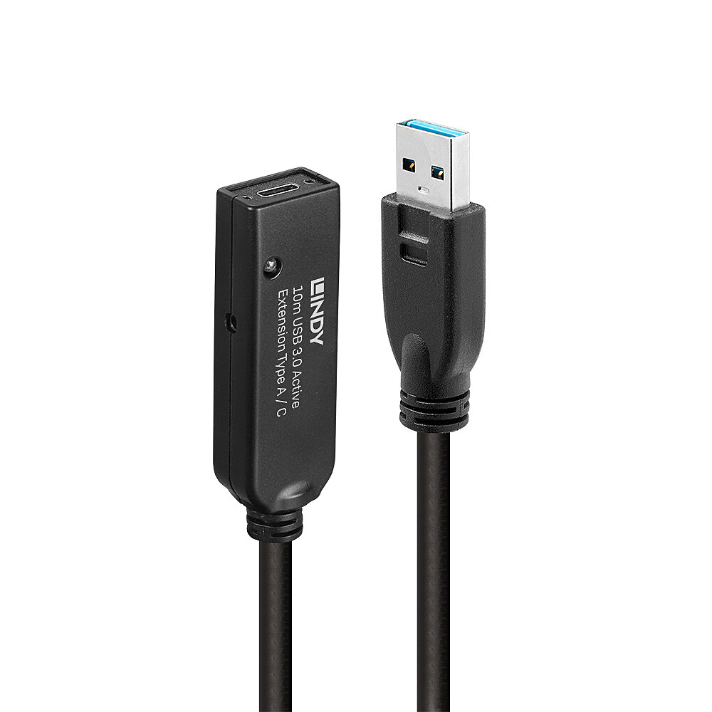 Lindy 10m USB 3.0 Aktivverlängerung Typ A an C, 10 m, USB A, USB C, USB 3.2 Gen 1 (3.1 Gen 1), 5 Gbit/s, Schwarz 43376