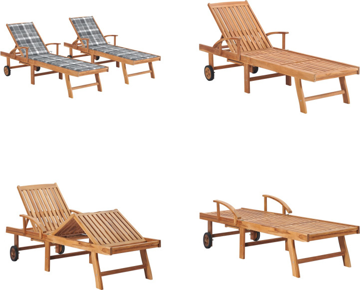 vidaXL Lehátka 2 ks Vankúše sivý šachovnicový vzor masívne teakové drevo - Lehátko - Lehátko - Ležadlo - Ležadlá na terasu