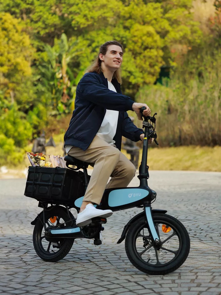 DYU elektrický bicykel, 16-palcový bicykel elektrický skladací s nosičom batožiny, mestský e-bike nastaviteľné sedadlo, indikátor batérie, stredový tlmič nárazov, skladací pedelec