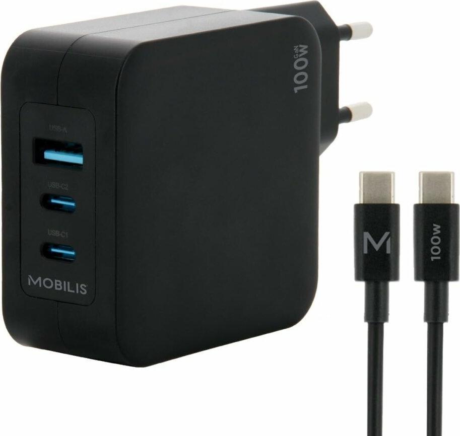 Mobilis Charger 100W 2USB C 1USBA GaN cable 100W, Vnútorný, AC, Čierna