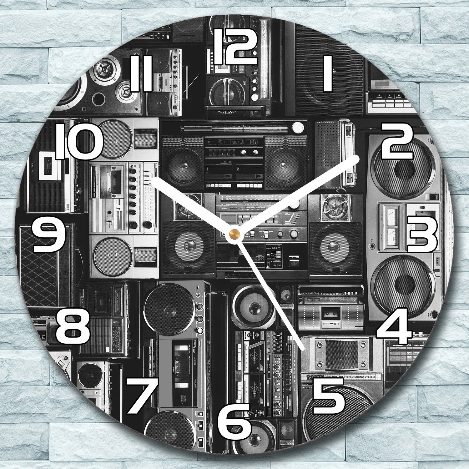 coloray Wanduhr aus Glas Rund fi 30 Kassettenrecorder Quarz Deko Schlafzimmer Büro zso-white-f30-Retroll-75