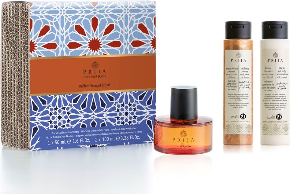 Prija Strahlend Duftendes Ritual Set - Jus d'Ambre Eau de Toilette, Hand- & Körpercreme mit Vitamin E und vitalisierender Badeschaum mit Ginseng (Vegan , Italy) GFL_IEGAKIT9PR