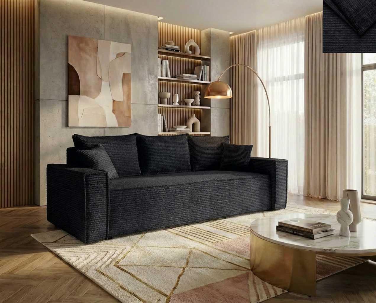 Schlafsofa Bono Nordelo mit Schlaffunktion D-L und Bettkasten, Stoff ASTRA Chenille - 21 Schwarz, 260 cm COUCH-BONO-ASTR-21