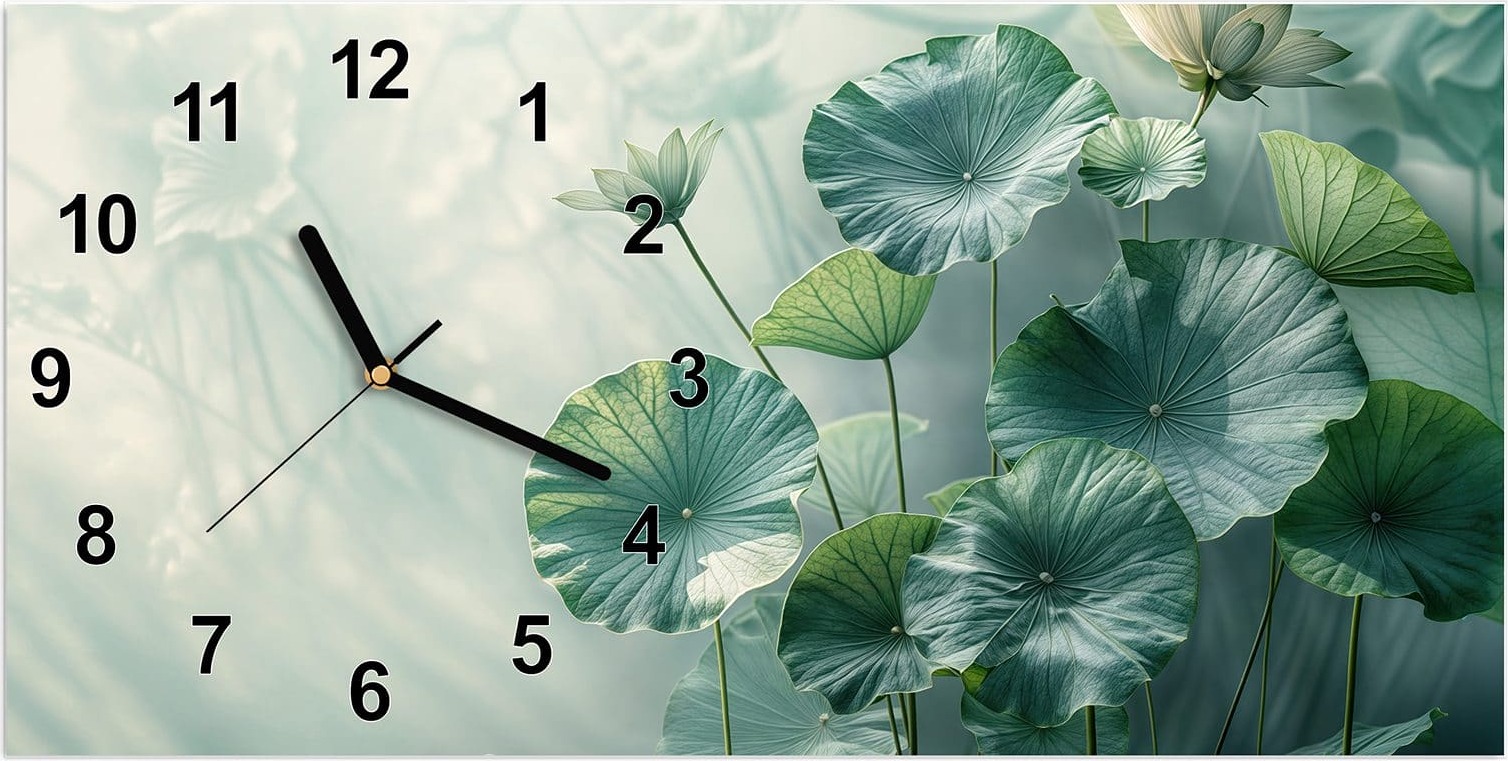 Primedeco Wanduhr aus Glas mit Motiv Lotusblätter Grün- 60 x 30 cm - inkl. Aufhängesystem