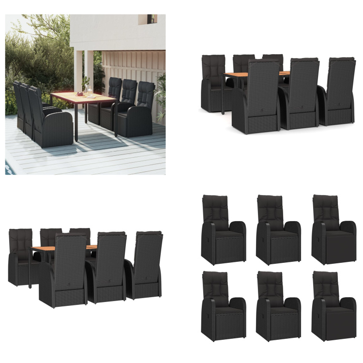 vidaXL 7 tlg. Garten Essgruppe mit Kissen Schwarz Poly Rattan - Garten Essgruppe - Garten Essgruppen - Essgruppe - Essgruppe Terrasse